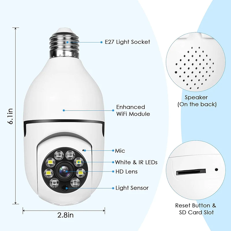 Full HD 1080P Wireless LED Bulb Camera With NIGHT VISION, Wide Angle, Two-way Audio V380 App